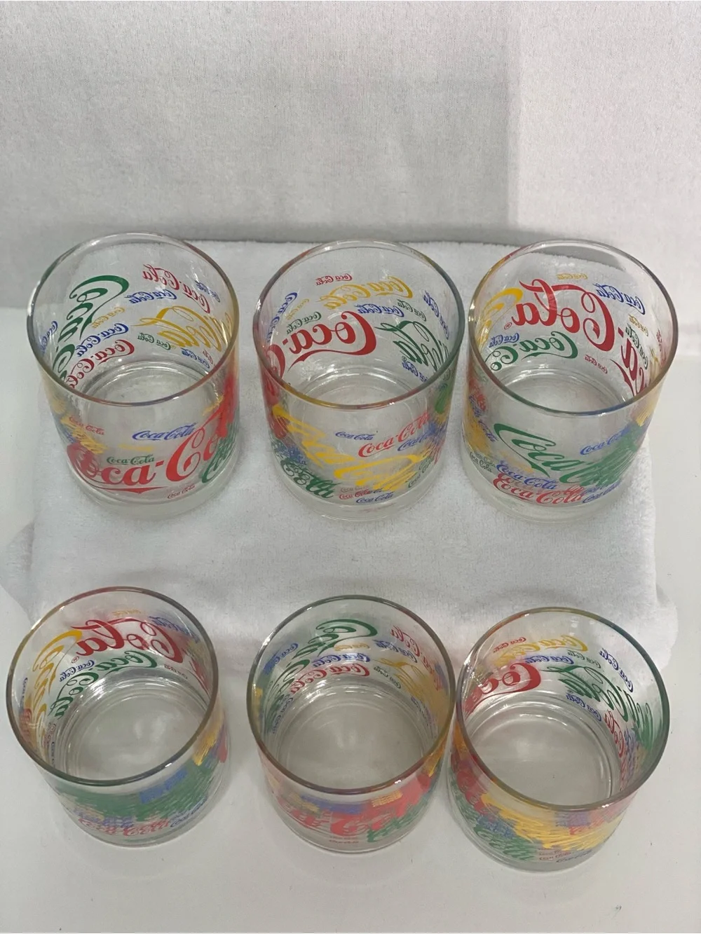 Coca Cola Set of 6 Multicolor Logo Glass 12 ounce Retro Repeated Logo Colorful